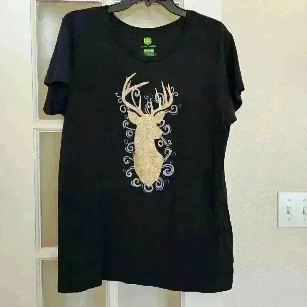 John Deere Women's Plus Black Cotton Shirt Deer Buck Head 3XL Casual Outdoors